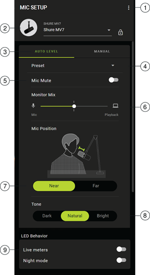 Shure - MV7 - Microfooninstelling: Auto Level Microfooninstelling: Auto Level