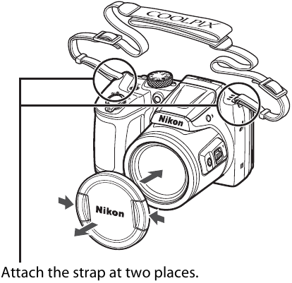 Nikon - COOLPIX B500 - De camerariem en lensdop bevestigen stap 5 De camerariem en lensdop bevestigen stap 5