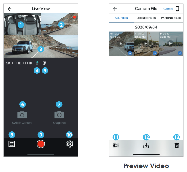 Viofo - T130 - Review and Control on Smartphone - APP Layout Overview View 2 Bekijken en bedienen op smartphone - APP Layout Overzicht View 2