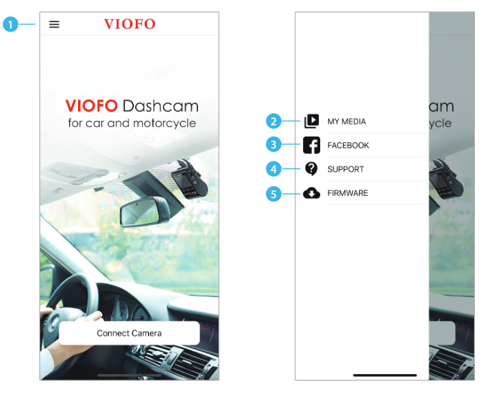 Viofo - T130 - Review and Control on Smartphone - APP Layout Overview View 1 Bekijken en bedienen op smartphone - APP Layout Overzicht View 1