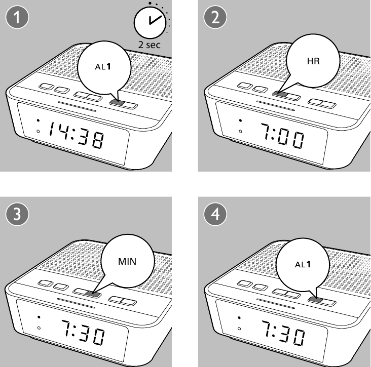Philips - AJ3116 - De alarmtimer activeren/deactiveren - Stappen 1-4 De alarmtimer activeren/deactiveren - Stappen 1-4