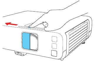 EPSON - PowerLite EB-L250F - Apparatuur inschakelen - Stap 2 - Open de lenskap van de projector Apparatuur inschakelen - Stap 2 - Open de lenskap van de projector