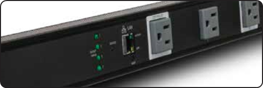 Luxul - PDU 16 - Voorpaneel met statusindicatoren, Ethernet-poort en resetknop Voorpaneel met statusindicatoren, Ethernet-poort en resetknop