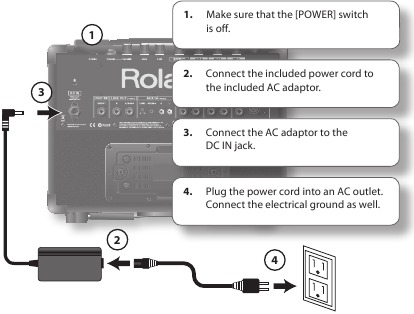 Roland - KC-110 - De AC-adapter aansluiten De AC-adapter aansluiten