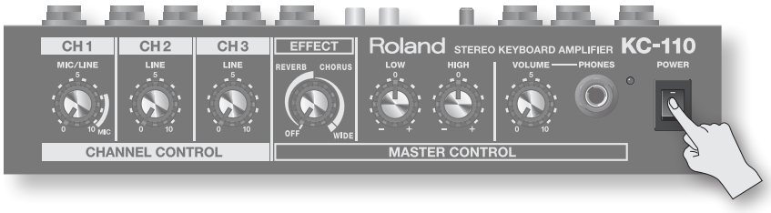 Roland - KC-110 - Geluid produceren - Stap 2 - De stroom inschakelen Geluid produceren - Stap 2 - De stroom inschakelen