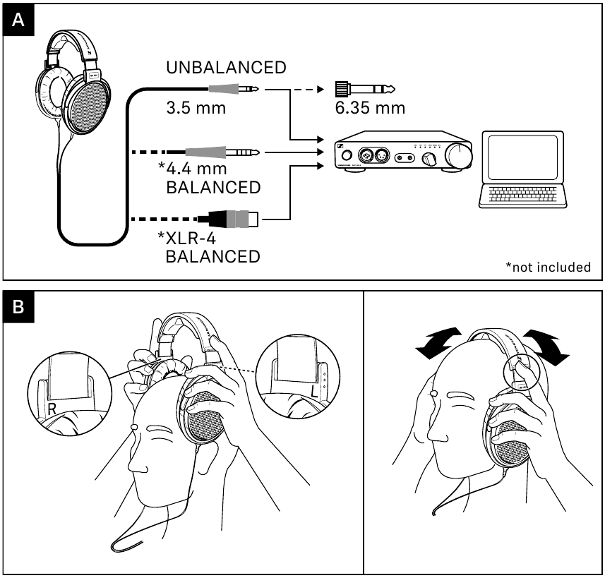 Sennheiser - HD 600 - De hoofdtelefoon aansluiten, opzetten en gebruiken - Stap 1 De hoofdtelefoon aansluiten, opzetten en gebruiken - Stap 1