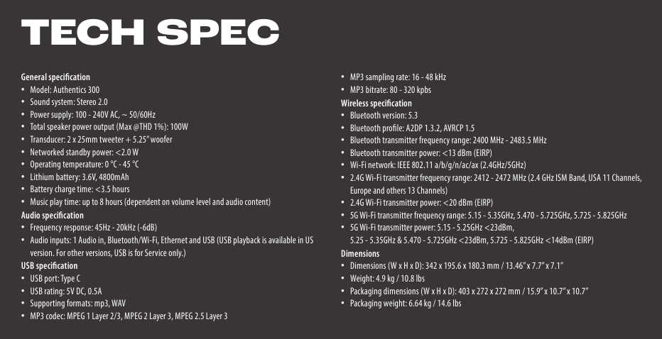 JBL - Authentics 300 - TECHNICAL SPECIFICATION TECHNISCHE SPECIFICATIE