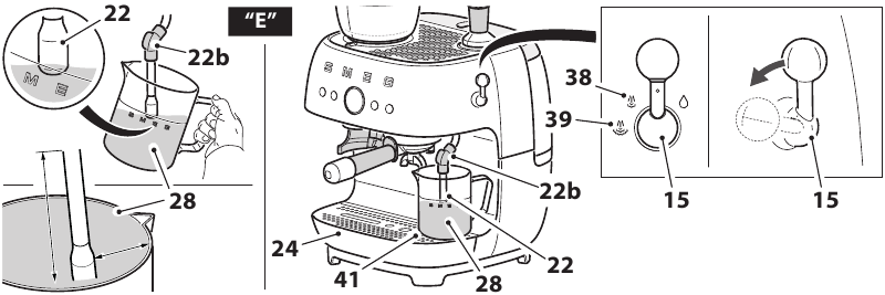 Smeg - EGF03 - Stoom afgeven en een cappuccino bereiden Stoom afgeven en een cappuccino bereiden