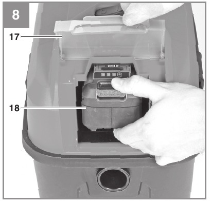 Einhell - TE-VC 18/10 Li - Solo - De accu plaatsen De accu plaatsen