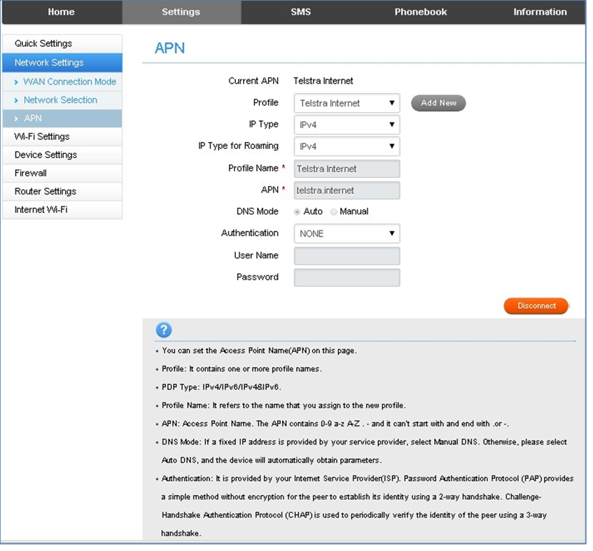 ZTE - TELSTRA 4GX WI-FI PLUS - SETTINGS (INSTELLINGEN) > APN SETTINGS (INSTELLINGEN) > APN