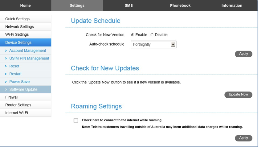 ZTE - TELSTRA 4GX WI-FI PLUS - INSTELLINGEN > APPARAATINSTELLINGEN > SOFTWARE-UPDATE - Stap 1 INSTELLINGEN > APPARAATINSTELLINGEN > SOFTWARE-UPDATE - Stap 1