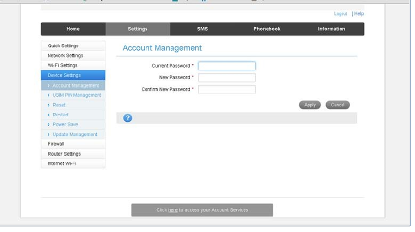 ZTE - TELSTRA 4GX WI-FI PLUS - SETTINGS (INSTELLINGEN) > DEVICE SETTINGS (APPARAATINSTELLINGEN) > ACCOUNT MANAGEMENT (ACCOUNTBEHEER) SETTINGS (INSTELLINGEN) > DEVICE SETTINGS (APPARAATINSTELLINGEN) > ACCOUNT MANAGEMENT (ACCOUNTBEHEER)
