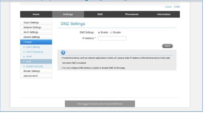 ZTE - TELSTRA 4GX WI-FI PLUS - INSTELLINGEN > FIREWALL > DMZ INSTELLINGEN > FIREWALL > DMZ