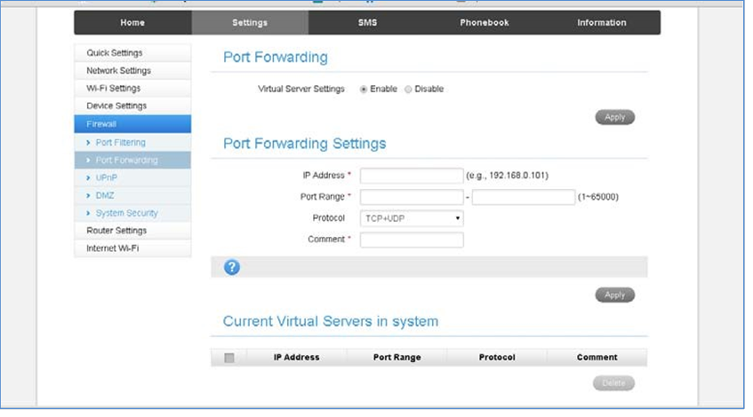 ZTE - TELSTRA 4GX WI-FI PLUS - INSTELLINGEN > FIREWALL > POORTDOORSCHAKELING INSTELLINGEN > FIREWALL > POORTDOORSCHAKELING