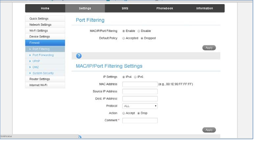 ZTE - TELSTRA 4GX WI-FI PLUS - INSTELLINGEN > FIREWALL > POORTFILTERING INSTELLINGEN > FIREWALL > POORTFILTERING
