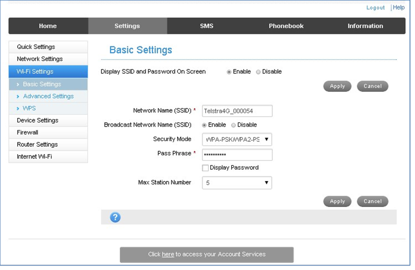 ZTE - TELSTRA 4GX WI-FI PLUS - SETTINGS (INSTELLINGEN) > WI-FI SETTINGS (WI-FI-INSTELLINGEN) > BASIC SETTINGS (BASISINSTELLINGEN) SETTINGS (INSTELLINGEN) > WI-FI SETTINGS (WI-FI-INSTELLINGEN) > BASIC SETTINGS (BASISINSTELLINGEN)