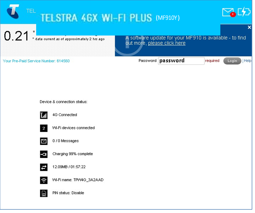 ZTE - TELSTRA 4GX WI-FI PLUS - WEBINTERFACE, MODEM-STARTPAGINA WEBINTERFACE, MODEM-STARTPAGINA