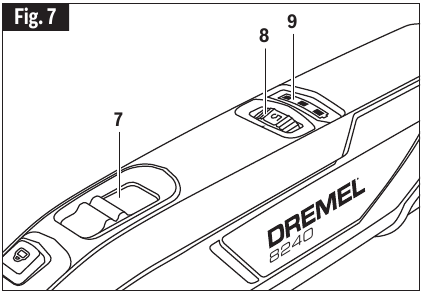 DREMEL - 8240 - Bedieningsinstructies - Schuif aan/uit-schakelaar gebruiken Bedieningsinstructies - Schuif aan/uit-schakelaar gebruiken