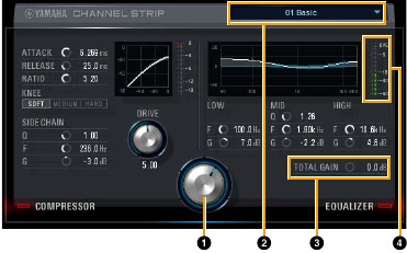 Screenshot van de gemeenschappelijke besturingselementen voor Compressor en Equalizer