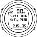 Oppervlaktetijd en vliegverbodtijd worden weergegeven op de Suunto D4i.