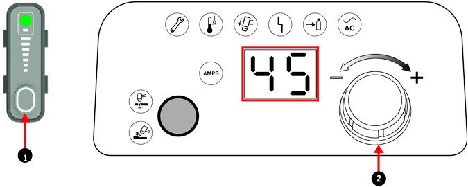 Hypertherm - Powermax45 SYNC - De uitgangsstroom aanpassen indien nodig De uitgangsstroom aanpassen indien nodig
