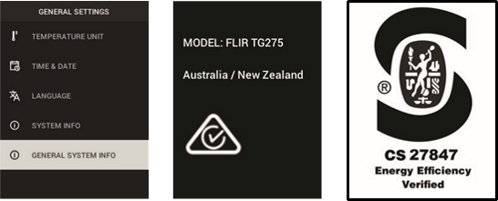 FLIR - TG267 - Submenu Instellingen - GENERAL SYSTEM INFO Submenu Instellingen - ALGEMENE SYSTEEMINFORMATIE
