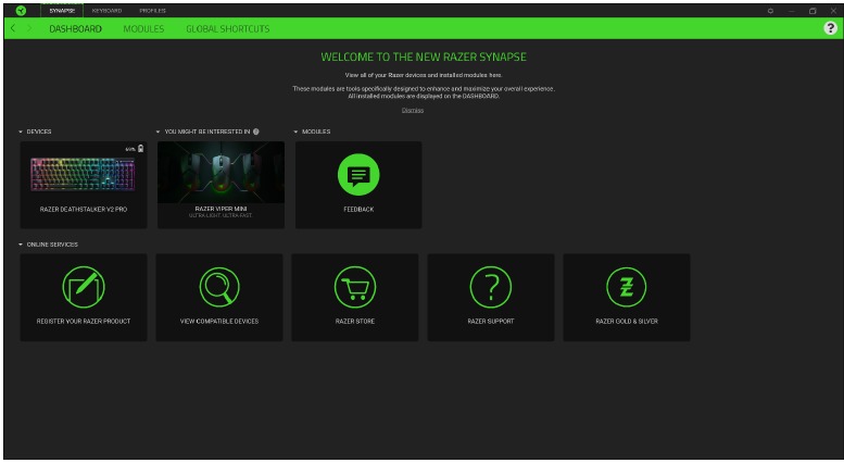 RAZER - DEATHSTALKER V2 PRO - TABBLAD SYNAPSE - Dashboard TABBLAD SYNAPSE - Dashboard