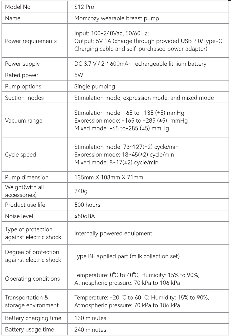 Momcozy - S12 Pro - Specificatie Specificatie