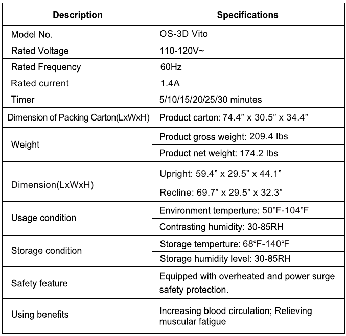 Osaki - OS-3D Vito - Specificaties Specificaties