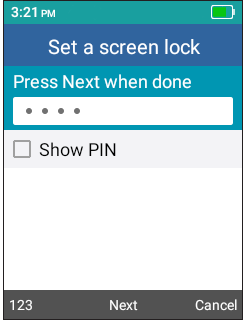 Screenshot van een scherm waar u twee keer een toegangscode moet invoeren om de schermvergrendeling in te stellen.