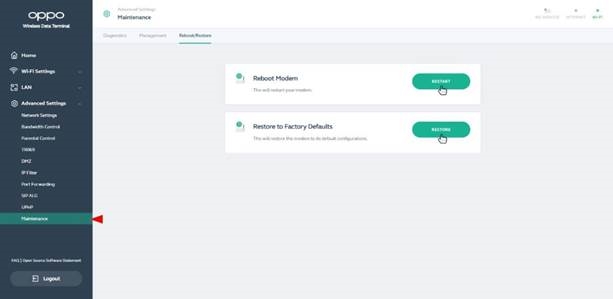 Oppo - 5G CPE T1a - Opnieuw opstarten/Terugzetten naar fabrieksinstellingen - Functie-instellingen Opnieuw opstarten/Terugzetten naar fabrieksinstellingen - Functie-instellingen