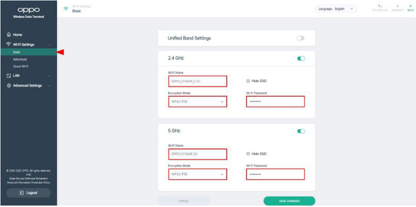 Oppo - 5G CPE T1a - Wi-Fi-naam en wachtwoordinstellingen Wi-Fi-naam en wachtwoordinstellingen
