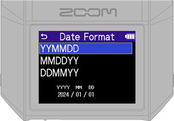 ZOOM - H6essential - Instellingen maken/eerste keer inschakelen - Datumformaat instellen Instellingen maken/eerste keer inschakelen - Datumformaat instellen