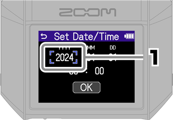 ZOOM - H6essential - Instellingen/eerste keer inschakelen - Datum- en tijdinstellingen - Stap 1 Instellingen/eerste keer inschakelen - Datum- en tijdinstellingen - Stap 1