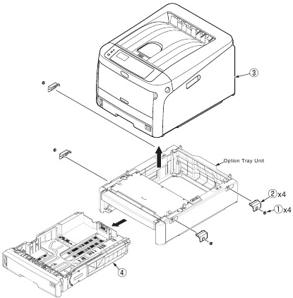 Oki - C844 Series - Onderdelen vervangen - Stap 1 - Optionele lade Onderdelen vervangen - Stap 1 - Optionele lade