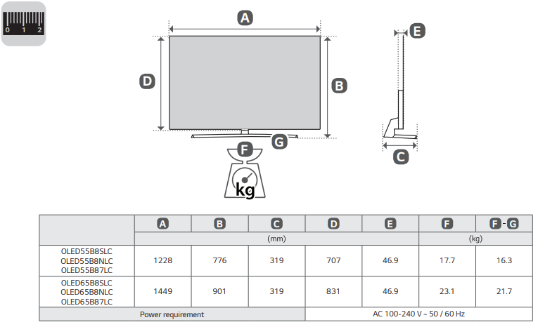 LG - OLED55B8 Series - Afmetingen Afmetingen