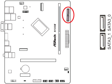 ASROCK - N100M - Installatie - Stap 10 - Serial ATA3-connectoren Installatie - Stap 10 - Serial ATA3-connectoren