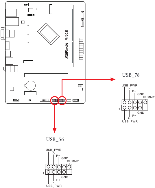 ASROCK - N100M - Installatie - Stap 11 - USB 2.0-headers Installatie - Stap 11 - USB 2.0-headers