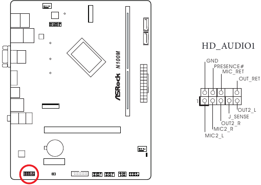 ASROCK - N100M - Installatie - Stap 13 - Audioheader voor voorpaneel Installatie - Stap 13 - Audioheader voor voorpaneel