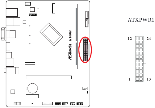ASROCK - N100M - Installatie - Stap 15 - ATX-voedingsconnector Installatie - Stap 15 - ATX-voedingsconnector