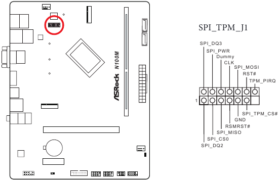 ASROCK - N100M - Installatie - Stap 16 - SPI TPM-header Installatie - Stap 16 - SPI TPM-header