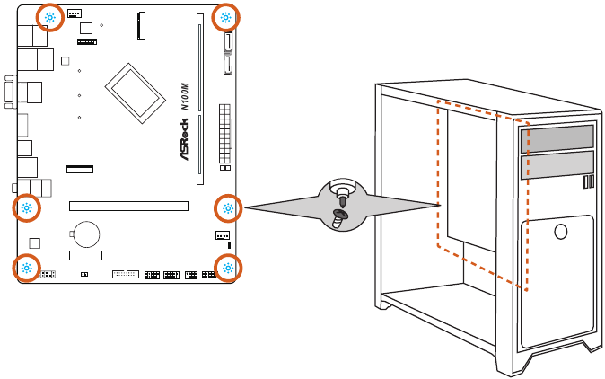 ASROCK - N100M - Installatie - Stap 2 - Het moederbord installeren Installatie - Stap 2 - Het moederbord installeren