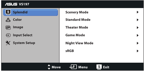 Asus - VS197 Series - Het On-Screen Display menu herconfigureren Het On-Screen Display menu herconfigureren