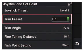 Menu Bootinstellingen Joystick en setpoint Trimvoorinstelling
