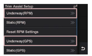 Selecteer tijdens het varen RPM of tijdens het varen GPS om het instellingenscherm te openen.