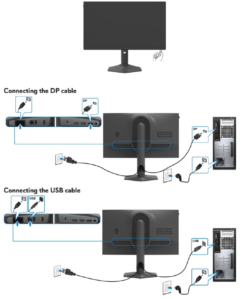 Alienware - AW2523HF - Stroomkabel/connectiviteitskabel aansluiten/loskoppelen Stroomkabel/connectiviteitskabel aansluiten/loskoppelen