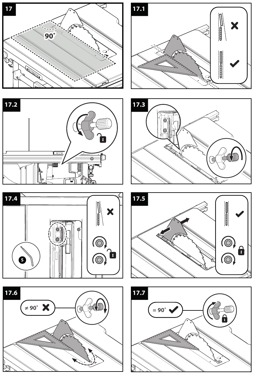 Evolution - R255TBL - De paralleliteit van het spouwmes en het zaagblad controleren De paralleliteit van het spouwmes en het zaagblad controleren