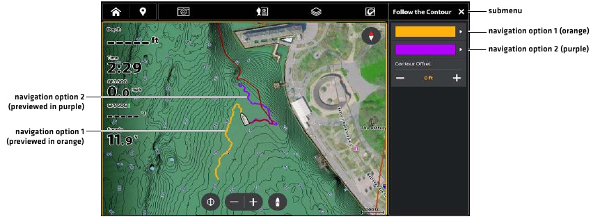 Humminbird - LakeMaster - De navigatie Volg de contourlijn starten De navigatie Volg de contourlijn starten