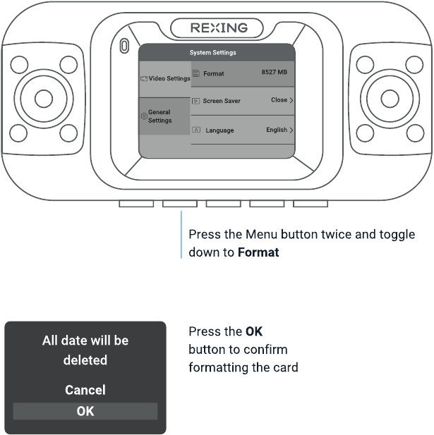 Rexing - R4 - De camera inschakelen en de geheugenkaart formatteren De camera inschakelen en de geheugenkaart formatteren