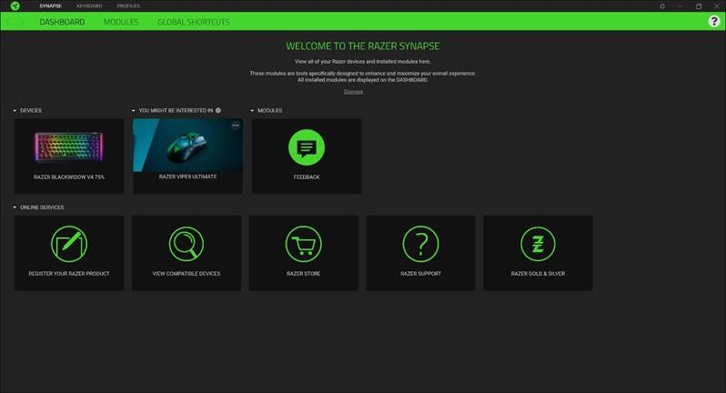 Razer - BLACKWIDOW V4 75% - CONFIGUREREN - TABBLAD SYNAPSE - Dashboard CONFIGUREREN - TABBLAD SYNAPSE - Dashboard